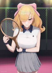 Rule 34 | 1girl, absurdres, armlet, black eyes, blonde hair, bow, closed mouth, commentary, fiona frost, grey skirt, hair bow, hair over one eye, highres, holding, holding racket, omochiarts, pink bow, pleated skirt, racket, shirt, skirt, sleeveless, sleeveless shirt, solo, sportswear, spy x family, tennis racket, tennis uniform, white shirt, wig