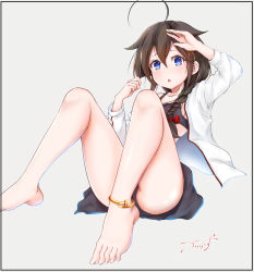 Rule 34 | 1girl, :o, ahoge, anklet, arm up, baileys (tranquillity650), bare legs, barefoot, black bra, black skirt, blue eyes, blush, bow, bra, braid, breasts, brown hair, casual, gold, grey background, hair between eyes, hair bow, hair flaps, hair ornament, hair over shoulder, highres, jewelry, kantai collection, long hair, long sleeves, looking at viewer, medium breasts, open clothes, open shirt, reclining, red bow, shigure (kancolle), shigure kai ni (kancolle), shirt, sidelocks, signature, simple background, single braid, sitting, skirt, solo, underwear, white shirt