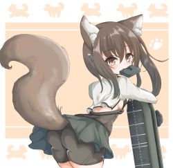 Rule 34 | 1girl, animal ear fluff, animal ears, ass, bike shorts, breasts, brown eyes, brown hair, cartridge, commentary request, cowboy shot, dog ears, dog tail, flight deck, headband, headgear, highres, kantai collection, kasashi (kasasi008), kemonomimi mode, looking at viewer, mouth hold, paw print, sideboob, small breasts, solo, standing, taihou (kancolle), tail, two-tone background