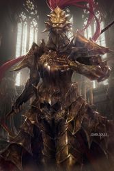 Rule 34 | 1boy, armor, breastplate, copyright name, cowboy shot, dark souls (series), dark souls i, diffraction spikes, dragon slayer ornstein, facing viewer, faulds, full armor, gauntlets, gold armor, helm, helmet, highres, holding, holding polearm, holding spear, holding weapon, indoors, knight, leg armor, male focus, mono (jdaj), pauldrons, plume, polearm, shoulder armor, solo, spear, standing, weapon, window