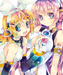 Rule 34 | 2girls, arm warmers, bad id, bad pixiv id, blonde hair, blue eyes, hair ornament, hair ribbon, hairclip, headphones, kagamine rin, kagamine rin (append), long hair, looking at viewer, megurine luka, megurine luka (append), multiple girls, open mouth, pink hair, ribbon, sana.c, short hair, smile, symbol-shaped pupils, vocaloid, vocaloid append