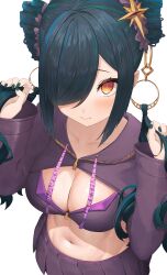 Rule 34 | + +, 1girl, absurdres, black hair, blue hair, blush, breasts, bunching hair, bustier, cleavage, closed mouth, detached hair, drawstring, drill hair, from above, gradient eyes, green hair, green nails, hair ornament, hair over one eye, highres, hooded shrug, jacket, kitakoji hisui, kitakoji hisui (4th costume), ko me 9, large breasts, long hair, long sleeves, looking at viewer, low twintails, midriff, miniskirt, multicolored eyes, multicolored hair, navel, nijisanji, orange eyes, pleated skirt, purple jacket, purple shirt, shirt, simple background, skirt, solo, star (symbol), star hair ornament, streaked hair, twin drills, twintails, virtual youtuber, white background, yellow eyes, zipper, zipper pull tab