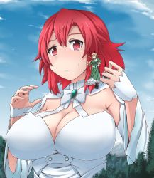 Rule 34 | 10s, 2girls, absurdres, blonde hair, bow, bowtie, breasts, brown eyes, cleavage, day, dress, emerald (stone), female focus, gem, giant, giantess, green dress, hair ornament, highres, izetta, jewelry, large breasts, long hair, looking at another, matching hair/eyes, multiple girls, ortfine fredericka von eylstadt, outdoors, red eyes, red hair, revealing clothes, short hair, shuumatsu no izetta, sky, sweatdrop, terada ochiko, tree, upper body, white bow, white dress
