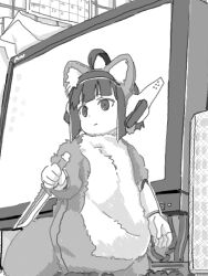 Rule 34 | 1girl, ahoge, animal ear fluff, animal ears, bad drawr id, bad id, blunt bangs, cable, calendar (object), character request, closed mouth, copyright request, expressionless, greyscale, headgear, holding, holding knife, knife, mini person, minigirl, monitor, monochrome, ningen (ningen96), oekaki, paper, raccoon ears, raccoon girl, raccoon tail, short hair, solo, standing, tail