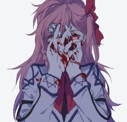 Rule 34 | artist request, blood, blood on face, blood on hands, check artist, chohui94, girls&#039; frontline, glowing, glowing eyes, hair ribbon, hand on own face, hexagram, negev (girls&#039; frontline), pink hair, ribbon, solo, star of david, white background