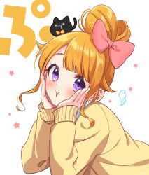 Rule 34 | 1girl, black cat, blush, bow, cat, collared shirt, copyright request, hair bow, hair bun, hands up, highres, long sleeves, looking at viewer, on head, orange hair, parted lips, pink bow, purple eyes, sakura chiyo (konachi000), shirt, simple background, sleeves past wrists, solo, star (symbol), sweater, upper body, virtual youtuber, white background, white shirt, yellow sweater