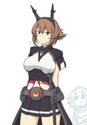 Rule 34 | 2girls, arms behind back, black skirt, breasts, brown hair, capelet, chain, commentary request, contrapposto, cowboy shot, crest, green eyes, hairband, hamu koutarou, headgear, highres, kantai collection, large breasts, midriff, miniskirt, multiple girls, mutsu (kancolle), nagato (kancolle), radio antenna, remodel (kantai collection), short hair, simple background, skirt, solo focus, white background