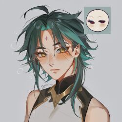 Rule 34 | 1boy, ahoge, arm tattoo, bare shoulders, black hair, blush, closed mouth, eyelashes, eyeshadow, facial mark, forehead mark, freckles, genshin impact, ggelus, green hair, grey background, highres, jewelry, looking to the side, makeup, male focus, mandarin collar, multicolored hair, parted bangs, pointy ears, portrait, red eyeshadow, shirt, short hair, simple background, sleeveless, sleeveless shirt, solo, tattoo, xiao (genshin impact), yellow eyes