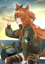 Rule 34 | 1girl, absurdres, animal ears, bomber jacket, bottle, bow, cloud, ear bow, feet out of frame, green jacket, unworn headwear, helmet, unworn helmet, highres, holding, holding bottle, horse ears, horse girl, horse tail, jacket, jitome no tsugumi, long hair, long sleeves, looking at viewer, mayano top gun (umamusume), open clothes, open jacket, open mouth, orange eyes, outdoors, pilot helmet, shorts, sitting, solo, sunset, sweat, tail, teeth, thighhighs, tongue, two side up, umamusume, upper teeth only, water bottle, yellow eyes