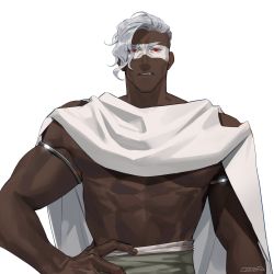 Rule 34 | 1boy, abs, ares, ares (hades), armband, artist name, bara, belt, biceps, cape, capelet, dark-skinned male, dark skin, fang, frown, hades (series), hades 1, hand on own hip, highres, looking at viewer, male focus, manly, muscular, muscular male, navel, o3tofu, open mouth, paint, paint on body, pants, pectorals, red eyes, silver hair, solo, thick arms, upper body