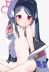Rule 34 | 1girl, absurdres, bad id, bad twitter id, blue archive, blue hair, blush, breasts, closed mouth, doughnut, eating, food, fubuki (blue archive), grey hair, halo, hat, highres, holding, holding food, jacket, long hair, multicolored hair, navel, nipples, red eyes, signalviolet, simple background, sitting, small breasts, solo, twintails, two-tone hair, very long hair, white background, white jacket