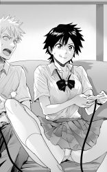 Rule 34 | 1boy, 1girl, :q, arisawa tatsuki, black hair, bleach, bow, bowtie, breasts, closed mouth, collared shirt, commentary, controller, couch, daraz, feet out of frame, game controller, greyscale, highres, holding, holding controller, holding game controller, indoors, kneehighs, kurosaki ichigo, licking lips, looking at another, looking at viewer, medium breasts, miniskirt, monochrome, on couch, panties, pantyshot, playing games, pleated skirt, revision, sanpaku, school uniform, shirt, short hair, short sleeves, side-by-side, sitting, skirt, smile, socks, solo focus, spiked hair, spread legs, sweatdrop, symbol-only commentary, tongue, tongue out, underwear, v-shaped eyebrows, wide-eyed, wing collar