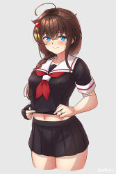 Rule 34 | 1girl, ahoge, arthur ko, black serafuku, black skirt, blue eyes, blush, braid, brown hair, closed mouth, commentary request, cowboy shot, grey background, hair between eyes, hair flaps, highres, jewelry, kantai collection, long hair, looking at viewer, neckerchief, pleated skirt, red neckerchief, ring, school uniform, serafuku, shigure (kancolle), shigure kai ni (kancolle), short sleeves, simple background, single braid, skirt, solo, twitter username, wedding ring