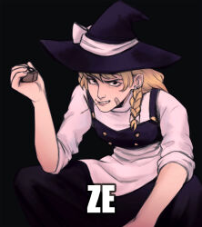 Rule 34 | 1girl, apron, bandaid, bandaid on cheek, bandaid on face, black eyes, black skirt, blonde hair, bow, braid, cincidious, commentary, earrings, english commentary, hair bow, hat, holding, impact (font), jewelry, kirisame marisa, side braid, skirt, sleeves rolled up, solo, squatting, touhou, waist apron, witch hat