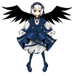 Rule 34 | 00s, 1girl, black wings, blue dress, dress, expressionless, head tilt, long hair, long sleeves, looking at viewer, pink eyes, plantar flexion, rozen maiden, simple background, solo, suigintou, umi (umi02), very long hair, white background, white hair, wings