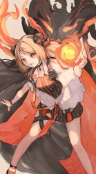 Rule 34 | 1girl, arknights, black bracelet, black choker, black dress, blonde hair, casting spell, choker, demon horns, dress, feather choker, feet out of frame, fire, foreshortening, hand up, highres, horns, id card, ifrit (arknights), jacket, medium hair, monster, murujimu, open clothes, open jacket, open mouth, orange eyes, originium arts (arknights), short twintails, solo, standing, teeth, thigh strap, thighs, twintails, upper teeth only, white jacket