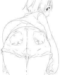 Rule 34 | 1girl, ass, female focus, from behind, looking back, monochrome, original, satsuyo, short hair, short shorts, shorts, solo, thigh gap