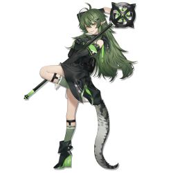 Rule 34 | 1girl, ankle boots, antenna hair, arknights, arm up, armband, black dress, black footwear, boots, breasts, collared dress, crocodilian tail, detached sleeves, dress, full body, gavial (arknights), green hair, green socks, grin, hair ornament, hairclip, high collar, high heel boots, high heels, holding, holding staff, hood, hood down, hooded jacket, jacket, kneehighs, leg up, llc, long hair, looking at viewer, medium breasts, messy hair, pointy ears, pouch, ribbed legwear, sidelocks, smile, socks, solo, staff, standing, standing on one leg, tail, transparent background, yellow eyes