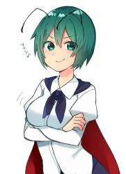 Rule 34 | 1girl, alternate breast size, antennae, blouse, breast hold, breasts, cape, collared shirt, crossed arms, female focus, green eyes, green hair, hair between eyes, highres, katsuobushi (eba games), shirt, short hair, simple background, smile, smug, solo, touhou, two-sided fabric, white background, white shirt, wriggle nightbug