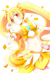 Rule 34 | 10s, 1girl, blonde hair, bow, brooch, brown eyes, choco (moyasi), choker, choko (moyasi), cure sunshine, hair ornament, hairclip, heart, heart brooch, heartcatch precure!, highres, jewelry, long hair, looking at viewer, magical girl, midriff, myoudouin itsuki, navel, petals, precure, ribbon, simple background, skirt, smile, solo, twintails, white background, wrist cuffs, yellow bow, yellow theme