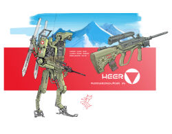 Rule 34 | absurdres, army, assault rifle, austrian army, bullpup, cable, commentary, concept art, english commentary, english text, gun, highres, laser sight, machinery, mecha, mecha focus, mountain, no humans, original, patso catso, radio antenna, rifle, robot, roundel, science fiction, scope, signature, sketch, skiing, snow, steyr aug, weapon