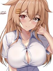 Rule 34 | 1girl, black ribbon, blush, breasts, brown eyes, collarbone, dated, hair between eyes, hair flaps, hair ornament, hair ribbon, hairclip, heterochromia, highres, impossible clothes, impossible shirt, kantai collection, large breasts, light brown hair, long hair, looking at viewer, montemasa, murasame (kancolle), murasame kai ni (kancolle), no bra, red eyes, ribbon, shirt, short sleeves, signature, smile, solo, two side up, upper body, white shirt