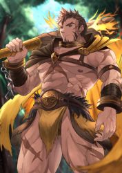 Rule 34 | 1boy, abs, bara, beard, bellsaltr, brown hair, bulge, cape, chain, chest harness, cowboy shot, cross scar, facial hair, flaming eye, harness, heracles (housamo), highres, large pectorals, long sideburns, looking at viewer, male focus, muscular, nipples, pectorals, scar, sideburns, solo, thighs, tokyo houkago summoners, topless male, upper body, weapon