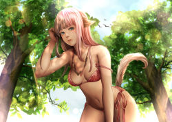 1girl animal_ears animal_print bad_id bad_pixiv_id bikini blonde_hair blue_eyes breasts cat_ears cat_tail dappled_sunlight female_focus hand_in_own_hair jewelry jun_jun leopard_print long_hair necklace original pink_hair side-tie_bikini_bottom sideboob solo strap_slip sunlight swimsuit tail