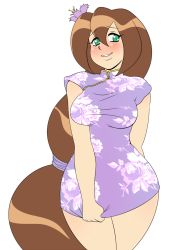 Rule 34 | 1girl, alternate costume, arm behind back, bare legs, blush, breasts, brown hair, capcom, china dress, chinese clothes, clothes tug, dress, floral print, flower, green hair, hair between eyes, hair ornament, hyoumaru, iris (mega man), long hair, looking to the side, low-tied long hair, medium breasts, mega man (series), mega man x (series), mega man x4, short dress, simple background, smile, solo, white background, wide hips