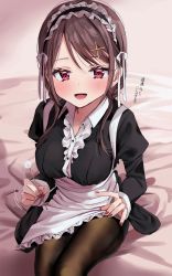 Rule 34 | 1girl, :d, black pantyhose, blush, breasts, brown hair, chigusa minori, hair ornament, highres, looking at viewer, maid, medium breasts, mimikaki, nail polish, on bed, open mouth, original, pantyhose, red eyes, red nails, sitting, smile, solo, thighs, x hair ornament