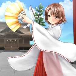 Rule 34 | 1girl, architecture, blush, branch, brown eyes, brown hair, building, cloud, cloudy sky, day, east asian architecture, fingernails, folding fan, gohei, hakama, hakama skirt, hand fan, holding, holding fan, japanese clothes, ki (kk-sk-ray), looking at viewer, looking to the side, miko, new year, original, outdoors, red hakama, red ribbon, ribbon, ribbon-trimmed sleeves, ribbon trim, rope, see-through, shide, shimenawa, short hair, shrine, skirt, sky, smile, solo, stairs, wide sleeves
