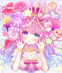 Rule 34 | 1girl, blush, bracelet, breasts, candy, chocomarybadend, closed mouth, crescent, crescent necklace, crown, detached sleeves, dress, food, frilled dress, frills, gradient hair, green eyes, heterochromia, himemori luna, himemori luna (1st costume), hololive, jewelry, large breasts, long hair, looking at viewer, multicolored hair, necklace, off-shoulder dress, off shoulder, pink dress, pink hair, princess, purple eyes, purple hair, smile, solo, virtual youtuber, wavy hair