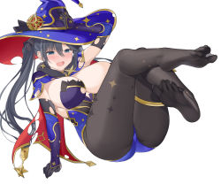 Rule 34 | 1girl, absurdres, alternate breast size, ass, black legwear, breasts, full body, genshin impact, hat, highres, jyt, large breasts, legs, leotard, mona (genshin impact), no shoes, open mouth, simple background, soles, thighs, toes, white background, witch hat