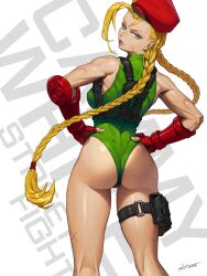 1girl absurdres ass beret blonde_hair blue_eyes braid cammy_white chest_harness commentary dated facial_scar fingerless_gloves from_behind gloves green_leotard hands_on_own_hips harness hat hichi highleg highleg_leotard highres leotard long_hair looking_at_viewer looking_back pouch scar scar_on_cheek scar_on_face solo street_fighter thigh_pouch thighs thong_leotard twin_braids