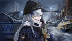 Rule 34 | 1girl, absurdres, adjusting clothes, adjusting gloves, adjusting mask, agent 416 (girls&#039; frontline), agent 416 (shield of manhattan) (girls&#039; frontline), black headwear, bridge, building, car, coat, commentary, english text, girls&#039; frontline, gloves, glowing, green eyes, hair ornament, highres, hk416 (girls&#039; frontline), lamppost, long hair, motor vehicle, outdoors, police, police car, police uniform, respirator, sawkm, signature, silver hair, snow, solo, taxi, tom clancy&#039;s the division, uniform, upper body