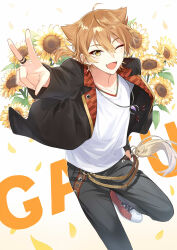 Rule 34 | 1boy, ;d, ahoge, arm up, black jacket, black pants, brown eyes, brown hair, character name, eyeliner, fang, floral background, flower, fushimi gaku, hair between eyes, highres, jacket, jewelry, long hair, long sleeves, looking at viewer, low ponytail, magatama, magatama necklace, makeup, male focus, mole, mole under eye, necklace, nifu, nijisanji, one eye closed, open clothes, open jacket, open mouth, pants, petals, red eyeliner, ring, shirt, shoes, simple background, smile, sneakers, solo, sunflower, v, v-neck, virtual youtuber, white background, white shirt, yagasuri