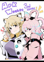 Rule 34 | 2girls, ^^^, animal ear fluff, animal ears, anniversary, arknights, blonde hair, closed mouth, heka=ton, highres, jacket, kirara (arknights), long sleeves, looking at viewer, multiple girls, open clothes, open jacket, pink eyes, pink jacket, pointy ears, purple eyes, purple sweater, short hair, simple background, smile, sweater, tentacle hair, tentacles, unbuttoned, upper body, utage (arknights), v, v-shaped eyebrows, white background, white jacket