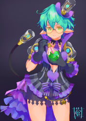 Rule 34 | 1girl, closed mouth, cup, drinking straw, glasses, gloves, green eyes, green hair, highres, holding, holding cup, jacket, looking at viewer, pandoria (xenoblade), pointy ears, purple background, purple gloves, purple jacket, purple shorts, short hair, short sleeves, shorts, signature, smile, solo, sou (pale 1080), tail, xenoblade chronicles (series), xenoblade chronicles 2