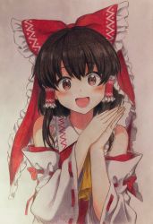 Rule 34 | 1girl, ascot, bare shoulders, blush, bow, brown eyes, brown hair, collared vest, commentary request, detached sleeves, frilled bow, frills, hair bow, hair tubes, hakurei reimu, happy, long sleeves, looking at viewer, medium hair, nontraditional miko, open mouth, red bow, red vest, ribbon-trimmed sleeves, ribbon trim, sidelocks, simple background, touhou, traditional media, upper body, vest, white background, white sleeves, wide sleeves, yamajun (junyamaekaki), yellow ascot
