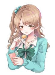 Rule 34 | 1girl, :o, blonde hair, blush, bow, bowtie, breasts, brown eyes, camera phone, candy, cardigan, cellphone, cleavage, collarbone, collared shirt, earrings, food, green bow, green bowtie, hair ornament, hair scrunchie, heart, heart necklace, highres, holding, holding food, holding phone, idolmaster, idolmaster cinderella girls, jewelry, lollipop, long hair, long sleeves, looking at phone, medium breasts, morikubo nono, necklace, one side up, open cardigan, open clothes, open mouth, pendant, phone, sak (lemondisk), school uniform, scrunchie, shirt, simple background, smartphone, solo, stud earrings, upper body, white background, white shirt, wing collar