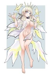 Rule 34 | blonde hair, blue eyes, blush, breasts, crown (naked king) (nikke), crown (nikke), diadem, disembodied hand, drill hair, ex-mist, goddess of victory: nikke, hair ornament, headgear, large breasts, long hair, open clothes, open shirt, shirt, smile, white shirt