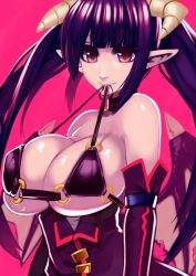 Rule 34 | 1girl, bad id, bad pixiv id, bare shoulders, breasts, demon girl, demon wings, doku-chan (dokkudokudoku), elbow gloves, gloves, halterneck, highres, horns, huge breasts, long hair, looking at viewer, mouth hold, o-ring, o-ring top, original, pink background, pink eyes, pointy ears, purple hair, simple background, smile, solo, twintails, wings