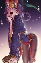 Rule 34 | 1girl, absurdres, black pantyhose, bright pupils, cleavage cutout, clothing cutout, covered navel, eyes visible through hair, eyeshadow, fang, fate/grand order, fate (series), feathers, fingernails, hat, hat feather, highres, horns, ihavetwoooo, jiangshi, long fingernails, long sleeves, makeup, medium hair, nail polish, oni, open mouth, pantyhose, pointy ears, purple hair, purple hat, red eyeshadow, red nails, short eyebrows, shuten douji (fate), shuten douji (festival outfit) (fate), skin-covered horns, smile, solo, talisman, very long fingernails, white background, white pupils, wide sleeves