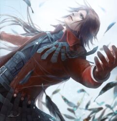 Rule 34 | 1boy, aqua eyes, belt, black feathers, blurry, blurry background, brown hair, chest strap, crisis core final fantasy vii, falling feathers, feathers, final fantasy, final fantasy vii, genesis rhapsodos, gloves, jacket, long sleeves, looking up, male focus, medium hair, multiple belts, outstretched arms, parted bangs, parted lips, red gloves, red jacket, signature, skk o01, solo, upper body