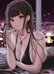 Rule 34 | 1girl, bad id, bad twitter id, black dress, black hair, blunt bangs, breasts, city lights, cleavage, dress, earrings, elbow rest, falling petals, fingernails, highres, indoors, jewelry, large breasts, long hair, looking at viewer, lying, myabit, nail polish, necklace, night, night sky, on stomach, original, parted lips, petals, red eyes, red nails, ring, sky, solo, straight hair, upper body, window