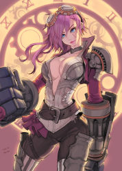 Rule 34 | 1girl, armor, belt, blue eyes, breasts, cleavage, clock, dated, gauntlets, gears, goggles, large breasts, league of legends, light smile, lips, long hair, looking at viewer, pink hair, racoona, solo, striped clothes, striped thighhighs, thighhighs, unzipped, vi (league of legends)