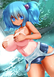 Rule 34 | 1girl, alternate breast size, blue eyes, blue hair, blue one-piece swimsuit, blush, breast hold, breasts, clothes pull, competition school swimsuit, covering privates, covering breasts, curvy, day, dutch angle, eyebrows, eyelashes, hair between eyes, hair bobbles, hair ornament, kawashiro nitori, large breasts, looking at viewer, matching hair/eyes, midriff, moura (kenyuugetu), nature, navel, one-piece swimsuit, one-piece swimsuit pull, one-piece tan, outdoors, river, school swimsuit, shiny skin, smile, solo, splashing, swimsuit, tan, tanline, tareme, thick thighs, thighs, touhou, two side up, water, waterfall, wet, wide hips