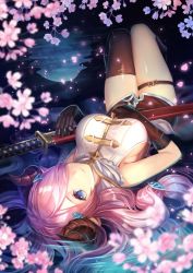 Rule 34 | 1girl, black gloves, black thighhighs, blue eyes, breasts, closed mouth, gloves, granblue fantasy, hair over one eye, holding, holding sword, holding weapon, horns, large breasts, long hair, looking at viewer, lying, narmaya (granblue fantasy), on back, pink hair, sheath, sheathed, single thighhigh, siro (asteblanc), smile, solo, sword, thighhighs, weapon