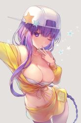 Rule 34 | 1girl, asymmetrical hair, backwards hat, bandeau, bare shoulders, baseball cap, bb (fate), bb (fate) (all), bb (swimsuit mooncancer) (fate), bb (swimsuit mooncancer) (first ascension) (fate), blush, braid, breasts, cleavage, collarbone, fate/grand order, fate (series), fingers to chin, hand on own chin, hat, hat ornament, highres, jacket, large breasts, long hair, looking at viewer, navel, off shoulder, one eye closed, open mouth, outstretched arm, purple eyes, purple hair, selfie, single braid, skirt, solo, standing, star (symbol), star hat ornament, thighs, very long hair, vivi (eve no hakoniwa), white hat, yellow jacket, yellow skirt