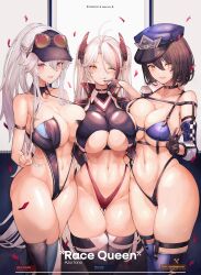 3girls absurdres arm_strap azur_lane baltimore_(azur_lane) baltimore_(finish_line_flagbearer)_(azur_lane) belt black_gloves black_leotard black_panties black_shorts black_skirt blue_shorts breasts brown_hair copyright_name enterprise_(azur_lane) enterprise_(wind_catcher)_(azur_lane) gloves hair_between_eyes hashtag-only_commentary hat highleg highleg_panties highres large_breasts leotard linea_alba long_hair looking_at_viewer micro_shorts microskirt multicolored_hair multiple_girls navel official_alternate_costume panties petals prinz_eugen_(azur_lane) prinz_eugen_(final_lap)_(azur_lane) race_queen red_hair red_panties short_shorts shorts sideboob sidelocks skindentation skirt smile stomach streaked_hair thick_thighs thighhighs thighs thong two-tone_hair two-tone_headwear underwear white_hair yellow_eyes yusha_m